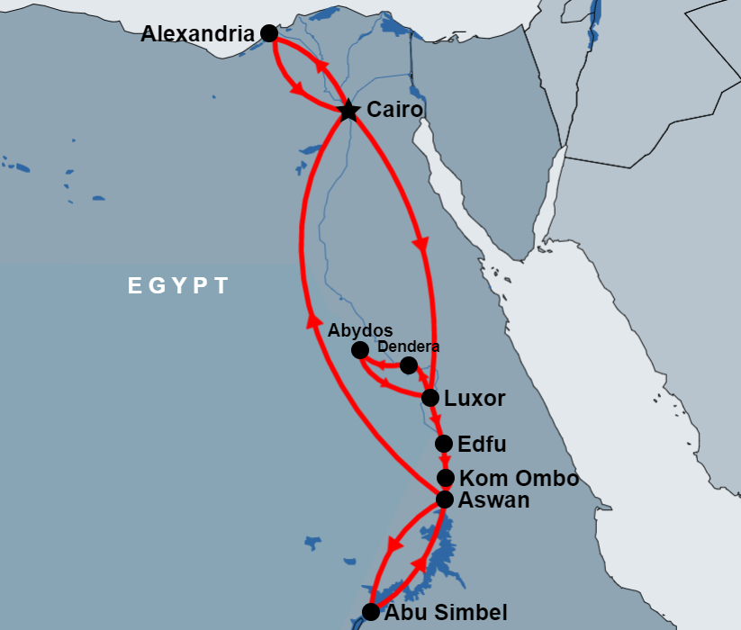10 Day Cairo, Alexandria, Luxor, Abydos, Aswan and Abu Simbel map 10 Day Cairo, Alexandria, Luxor, Abydos, Aswan and Abu Simbel map
